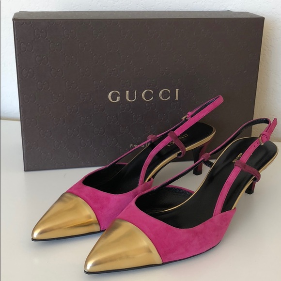 Gucci Shoes - Gucci Magenta/Gold Suede Pumps